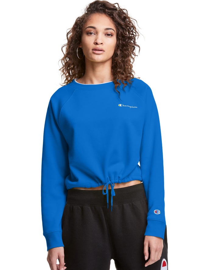 Champion Campus Fleece Cropped Crew Embroidered Script Logo Kadın Sweatshirt Mavi ( IWZTOL781 )